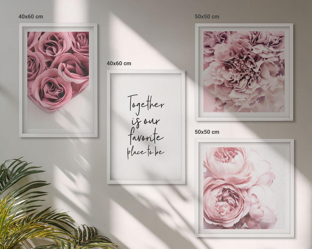BILDER SET 4er Set - 50x50 cm & 40x60 cm Weißer Rahmen - Blumensträuße mit Rosen, Hausinschrift - Weiß, Kunststoff (50/50cm) - TULUP