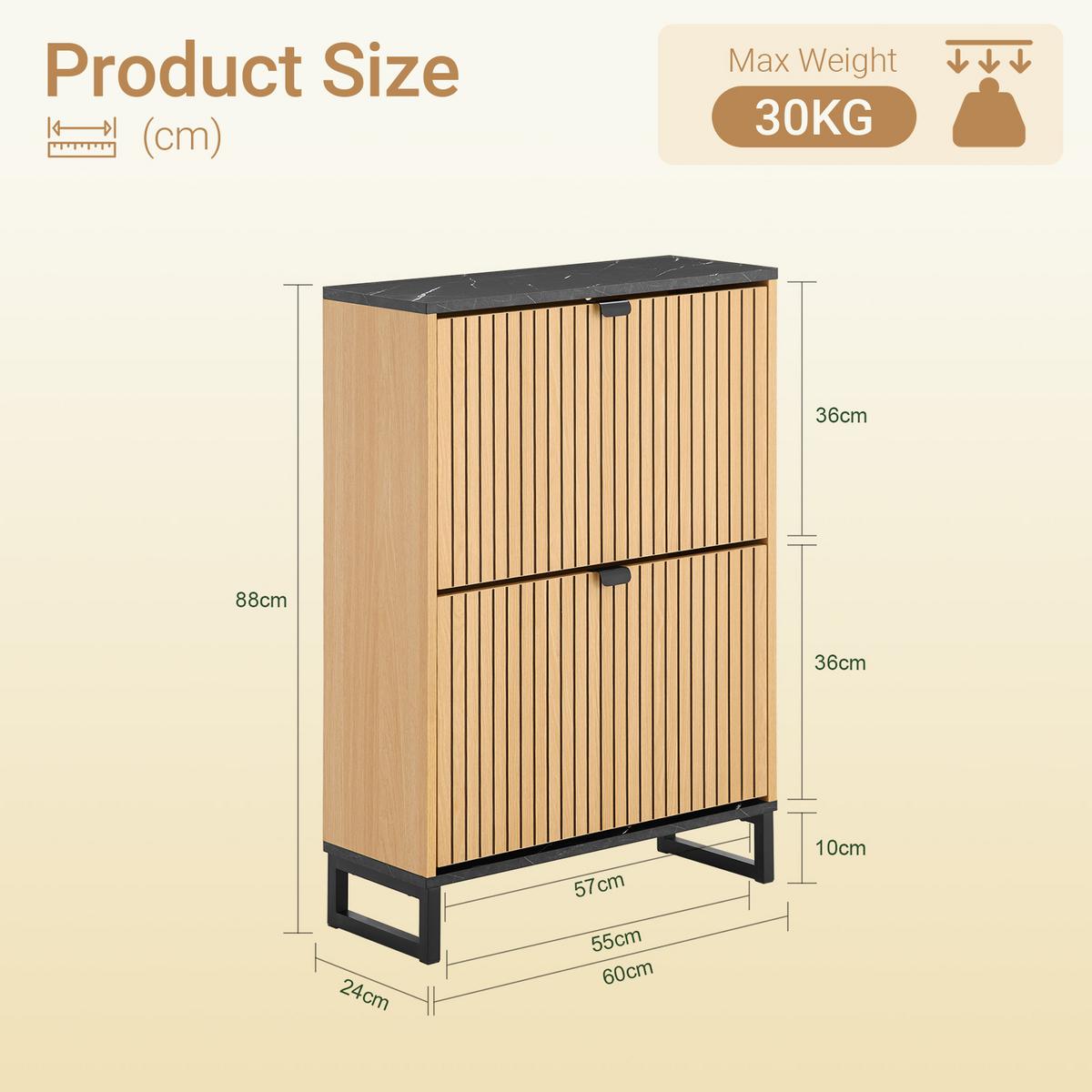 SCHUHSCHRANK mit 2 Klappen, 60 x 88 x 24 cm, Holzoptik, ca. 10 Paar, bis EU 47, Metallfüße, schmal für Flur und Diele - Naturfarben, Holzwerkstoff (60/88/24cm) - SoBuy