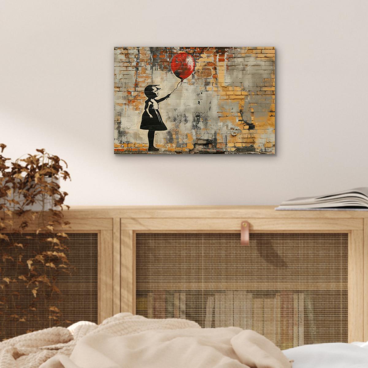 METALLBILD Graffiti - Banksy - Mädchen - Straßenkunst 30x20 cm - Sandfarben, Metall (30/20cm) - MuchoWow