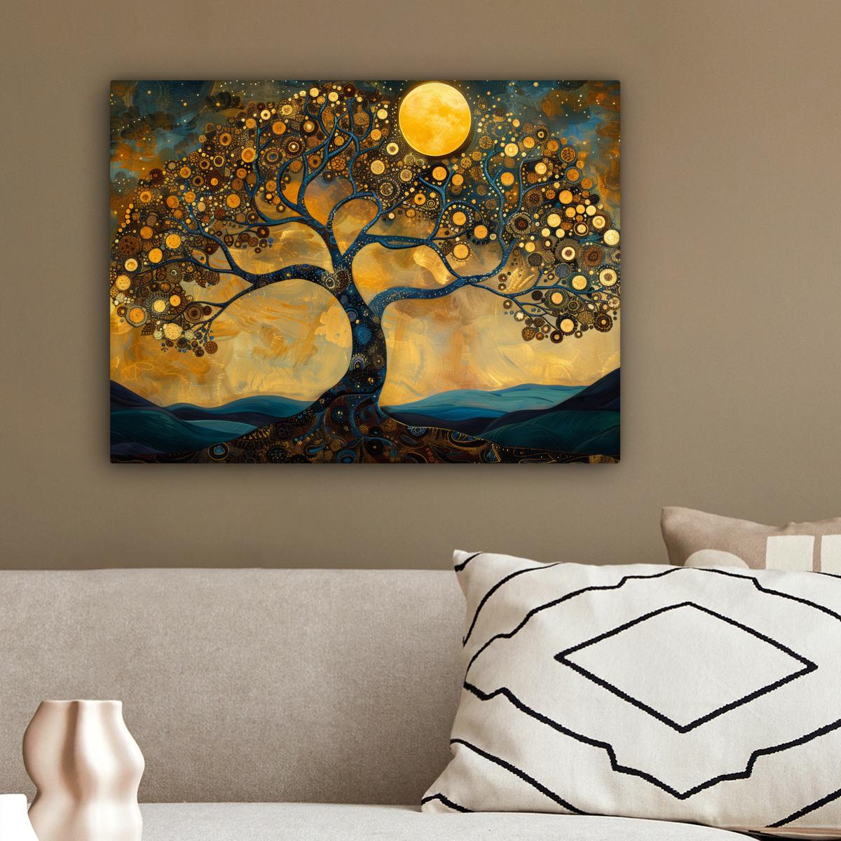 LEINWANDBILD Baum - Mond - Blumen - Gold - Kunst Wandbild 40x30 cm - Orange, Textil (40/30cm) - MuchoWow