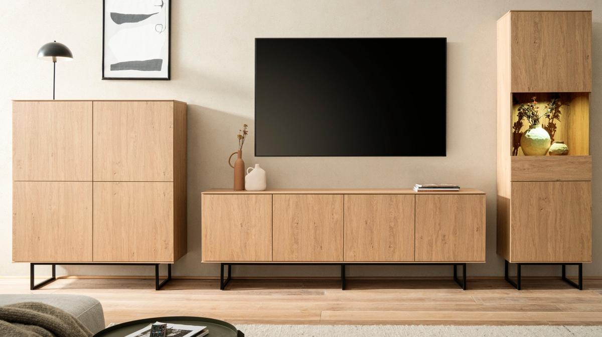 WOHNWAND Stone Eiche, 3-teilig 400 cm, Schrankwand mit Push-to-Open - Eichefarben/Schwarz, Holzwerkstoff/Metall (400/200/40cm) - Furn.Design