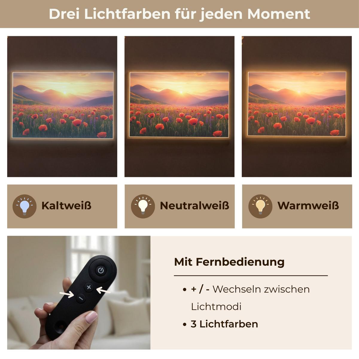 WANDLEUCHTE MIT AKKU Landschaft - Sonnenuntergang - Blumenfeld 90x60 cm - Rot, Holzwerkstoff (90/60/8cm) - OnlyWow
