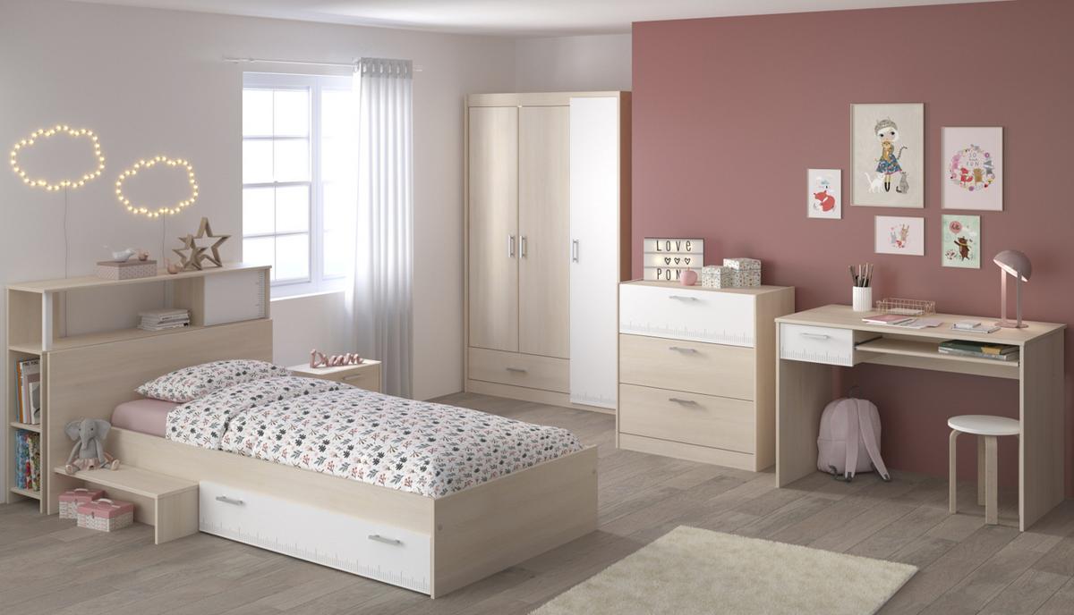 JUGENDZIMMER Set 6-tlg Kleiderschrank Schreibtisch Bett 90x200 - Silberfarben/Weiß, Holz/Holzwerkstoff (90/179/200cm) - Parisot Meuble