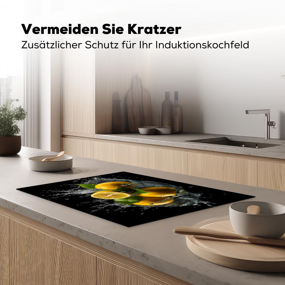 HERDABDECKPLATTE Zitrone - Obst - Gelb - Schwarz Herdabdeckung Induktionsfeld 75x52 cm - Gelb, Kunststoff (75/52/0.2cm) - MuchoWow