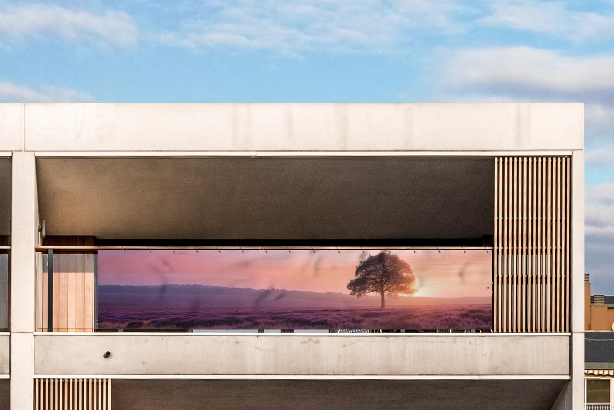 BALKON-SICHTSCHUTZ Baum - Heidekraut - Sonnenaufgang Deko XXL 500x100 cm - Flieder, Kunststoff (500/100cm) - MuchoWow