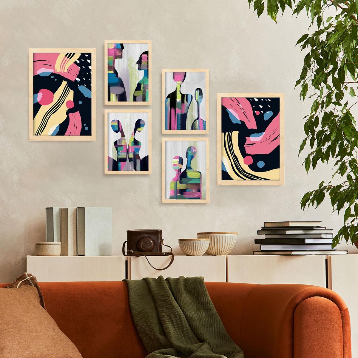 POSTER Set Mit 6 Verhaltensmodi In Liebhaber Abstrakt Ästhetische Dekorative Gemälde Für Ihr Wohnzimmer Zuhause A3 & A4 Rahmen Aus Hellem Holz - Beige, Papier (29/3cm) - Nacnic