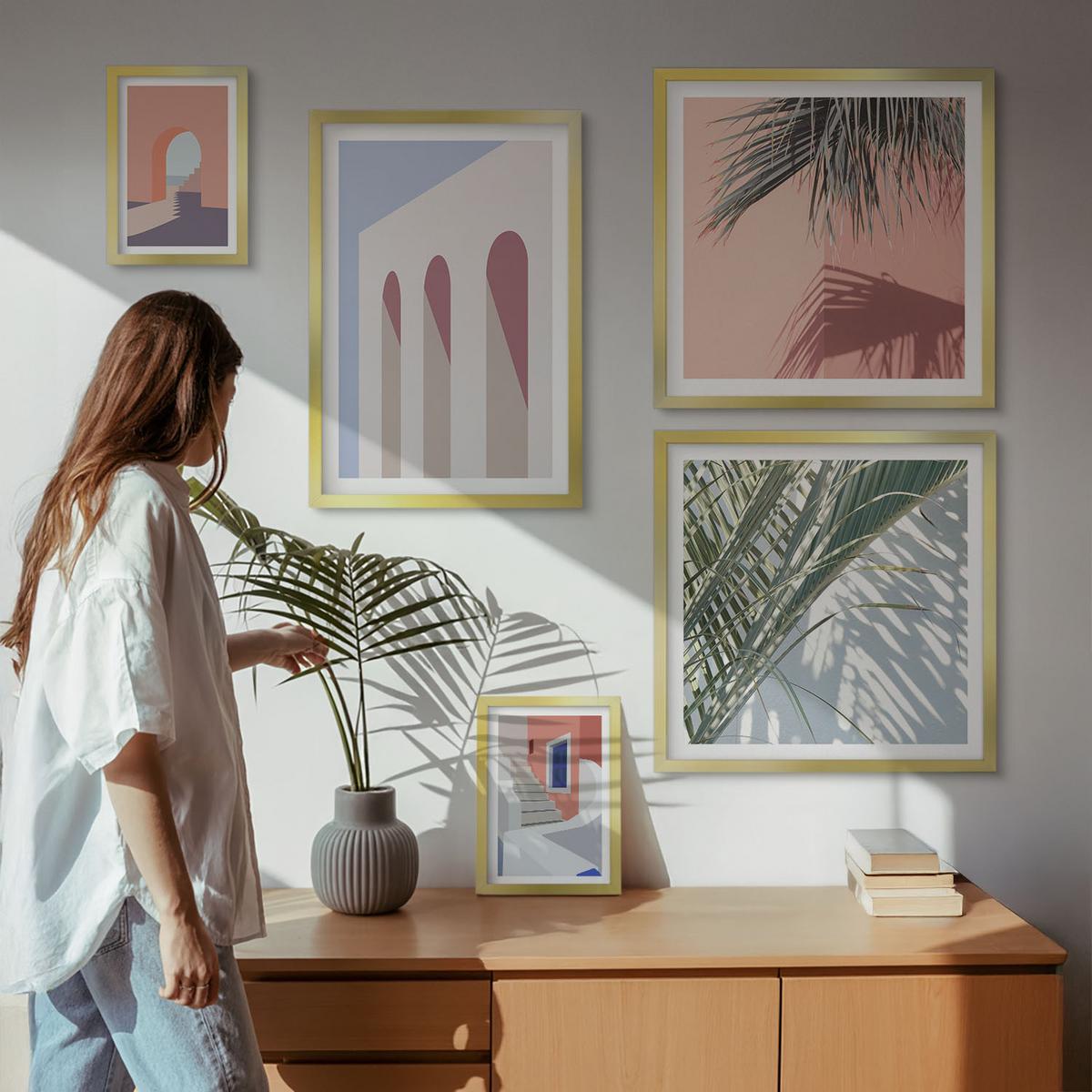 BILDER SET 5er Set - 50x50 cm & 20x30 cm & 40x60 cm Goldrahmen - Illustrationen der Stadtarchitektur - Goldfarben, Kunststoff (40/60cm) - TULUP