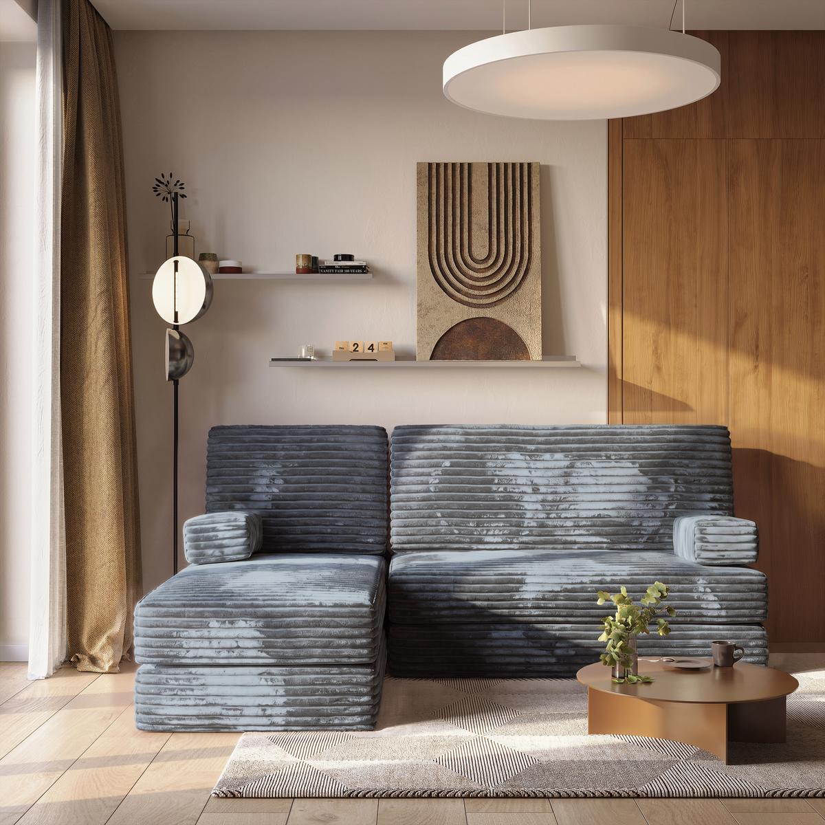 ECKSOFA NOTIA modulares Boneless Sofa mit Schlaffunktion Grau Kordstoff - Blaugrau, Textil (200/120cm) - MASSENO