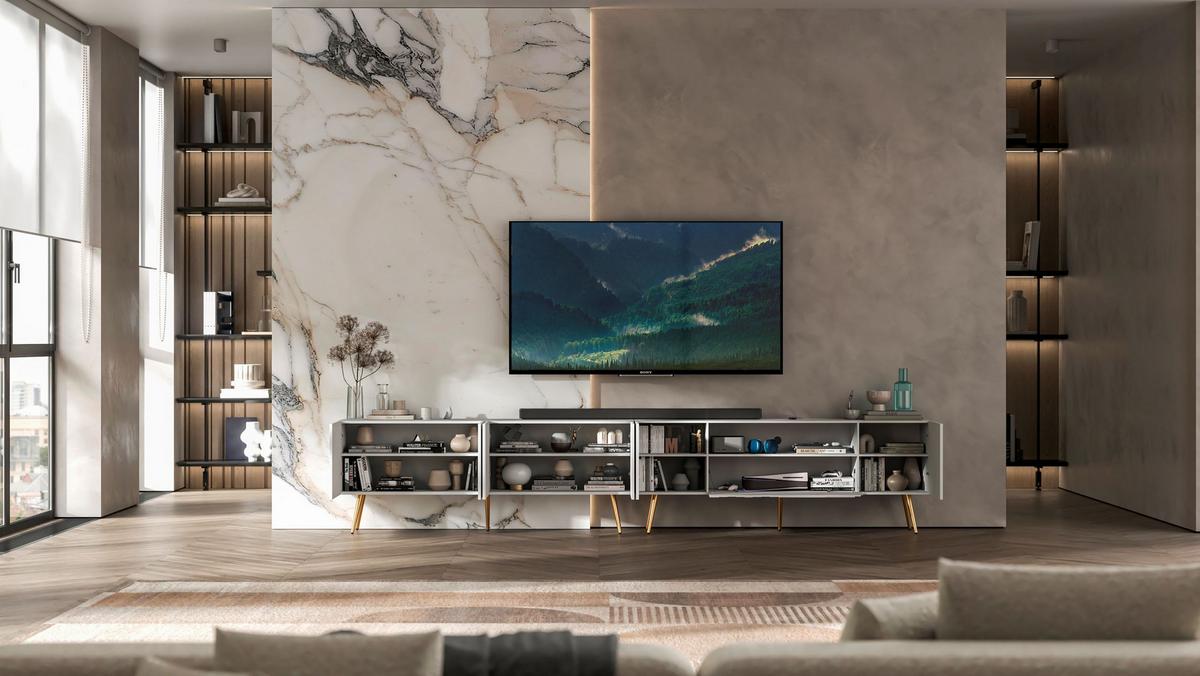 TV-LOWBOARD 2er-Set Elpis2 Weiß matt mit goldenen Metallbeinen150 cm - Goldfarben/Weiß, Holzwerkstoff (300/60.5/36.5cm) - Meble Lindner