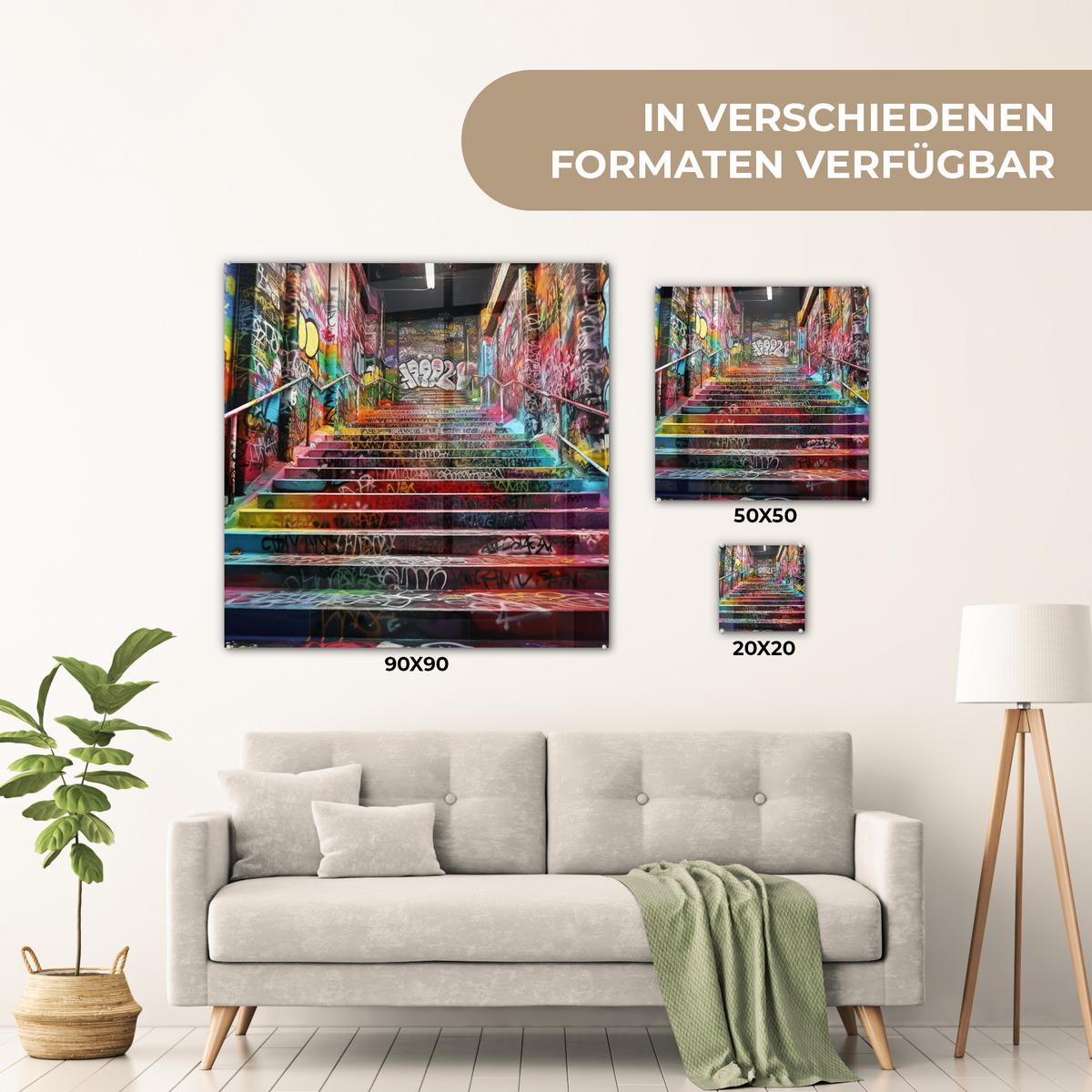 ACRYLGLASBILD Treppe - Graffiti - Farben - Kunst 50x50 cm - Multicolor, Glas (50/50cm) - MuchoWow