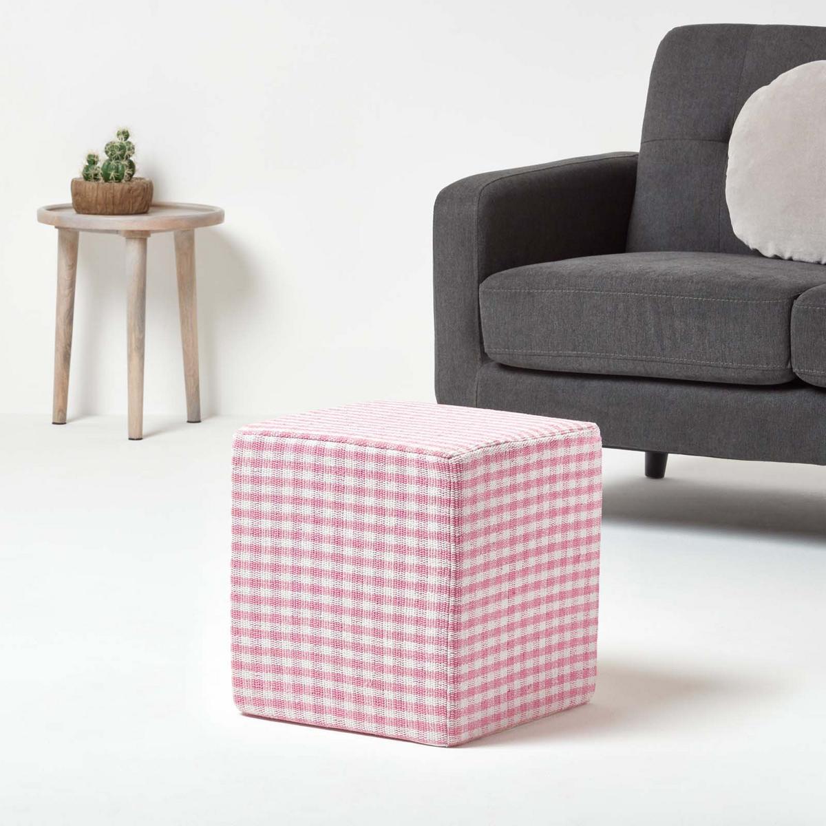 SITZWÜRFEL Vichy-Karo rosa, Hocker kariert 36/36/38 cm - Rosa, Textil (36/38/36cm) - Homescapes