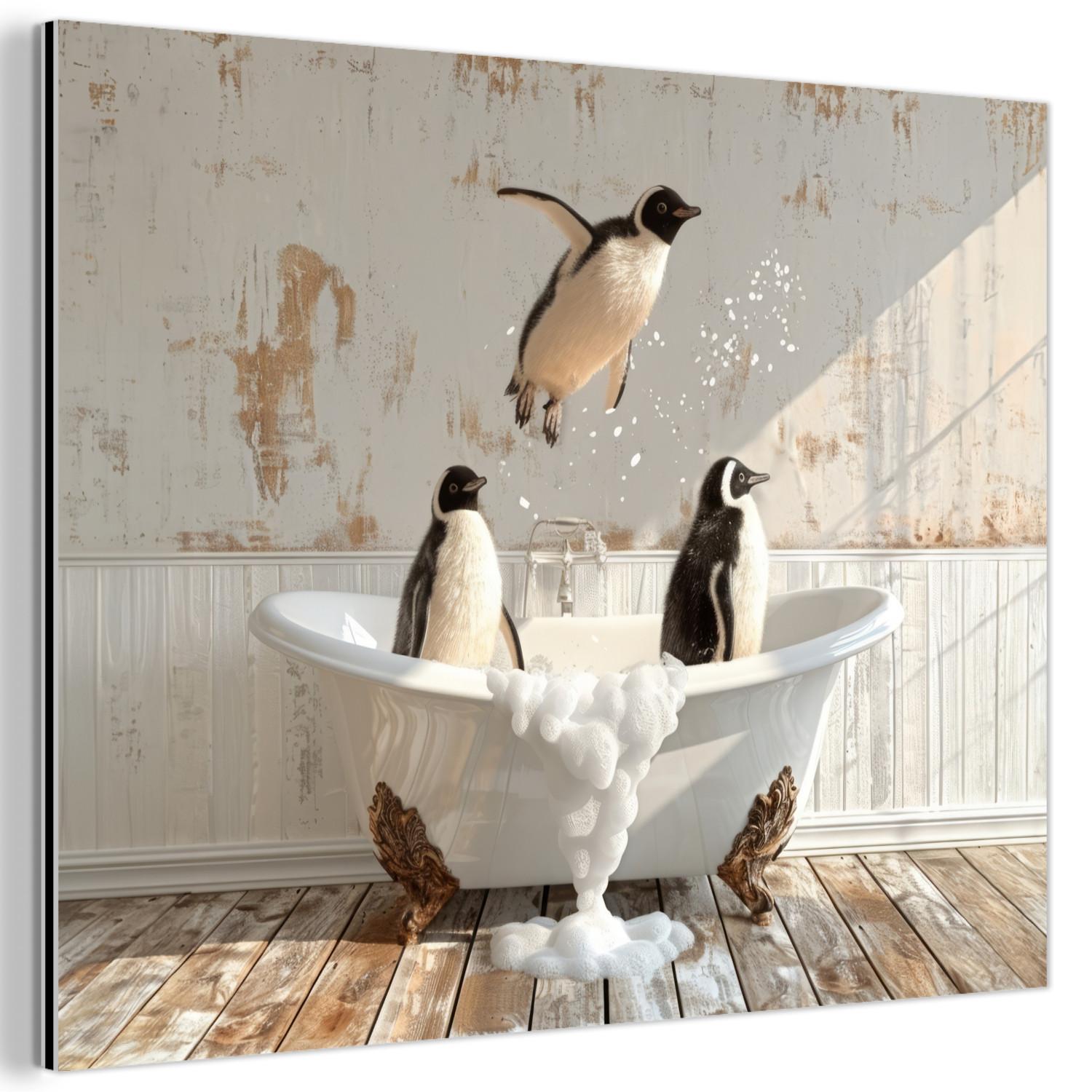 METALLBILD Vintage - Pinguin - Badewanne - Schaumstoff 80x60 cm - Schwarz, Metall (80/60cm) - MuchoWow
