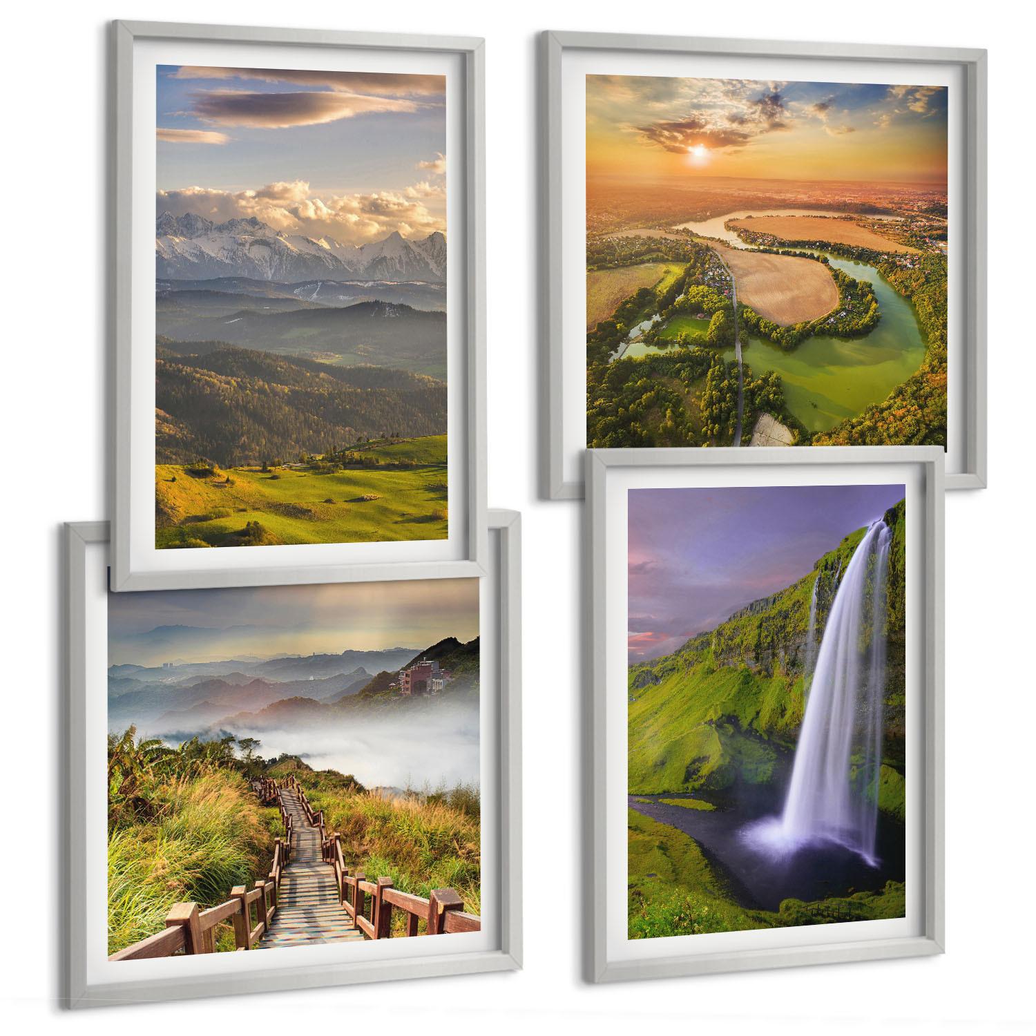 BILDER SET 4er Set - 50x50 cm & 40x60 cm Silberner Rahmen - Ausblicke auf Berge, Flüsse und Wasserfälle - Silberfarben, Kunststoff (50/50cm) - TULUP