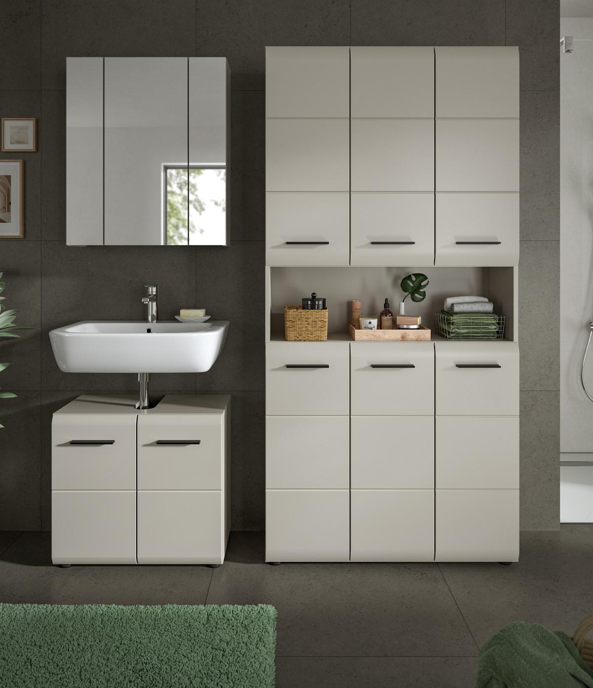 BADMÖBEL-SET Kaschmir 3-teilig 165 cm, Komplettset mit XXL Badschrank - Kaschmir/Schwarz, Glas/Holzwerkstoff (165/185/30cm) - Inn.Furn