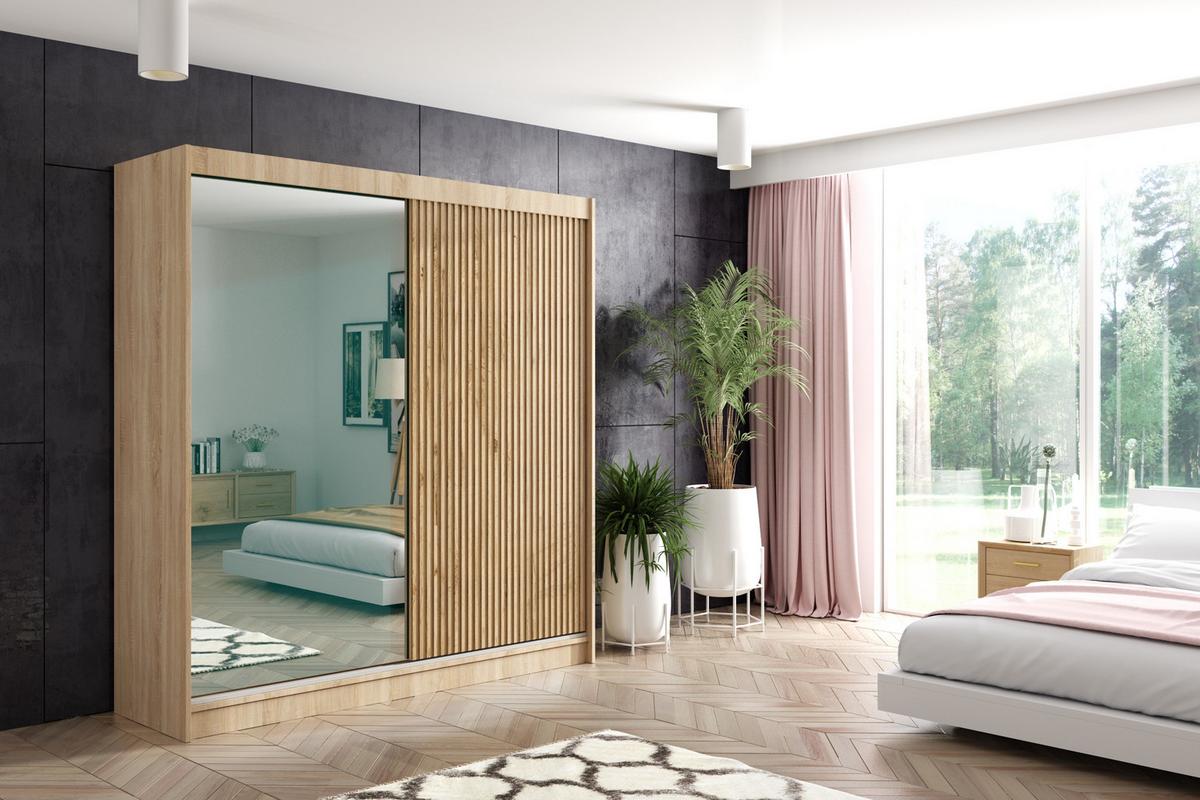 KLEIDERSCHRANK VILAN mit Spiegel/LED - 200 cm - Sonoma Eiche|Eichefarben - Eichefarben/Sonoma Eiche, Holzwerkstoff (200/215/61cm) - ALTDECOR