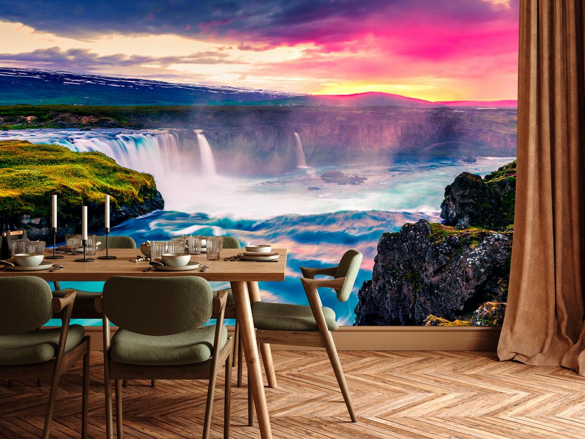 FOTOTAPETE für Esszimmer Godafoss Wasserfall Sonnenuntergang Natur 300x210 - Multicolor, Papier (300/210cm) - Muralo