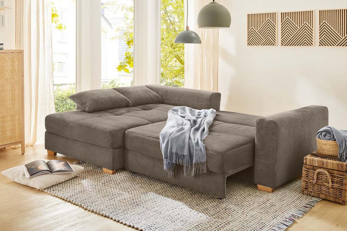 ECKSOFA-DAUERSCHLÄFER Federkern Bettkasten, seitenverkehrt montierbar B288/T186/H86 cm, Liegefl. 153x245 cm, Cord Braun Taupe / 15155 - Eichefarben/Braun, Holz/Textil (288/186cm) - luma-home