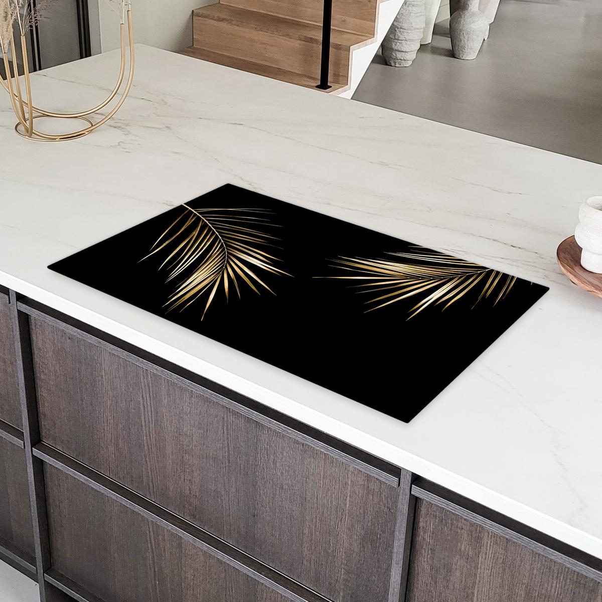 HERDABDECKPLATTE Blätter - Pflanzen - Gold - Schwarz - Luxus Ceranfeldabdeckung 90x52 cm - Goldfarben, Kunststoff (90/52/0.2cm) - MuchoWow
