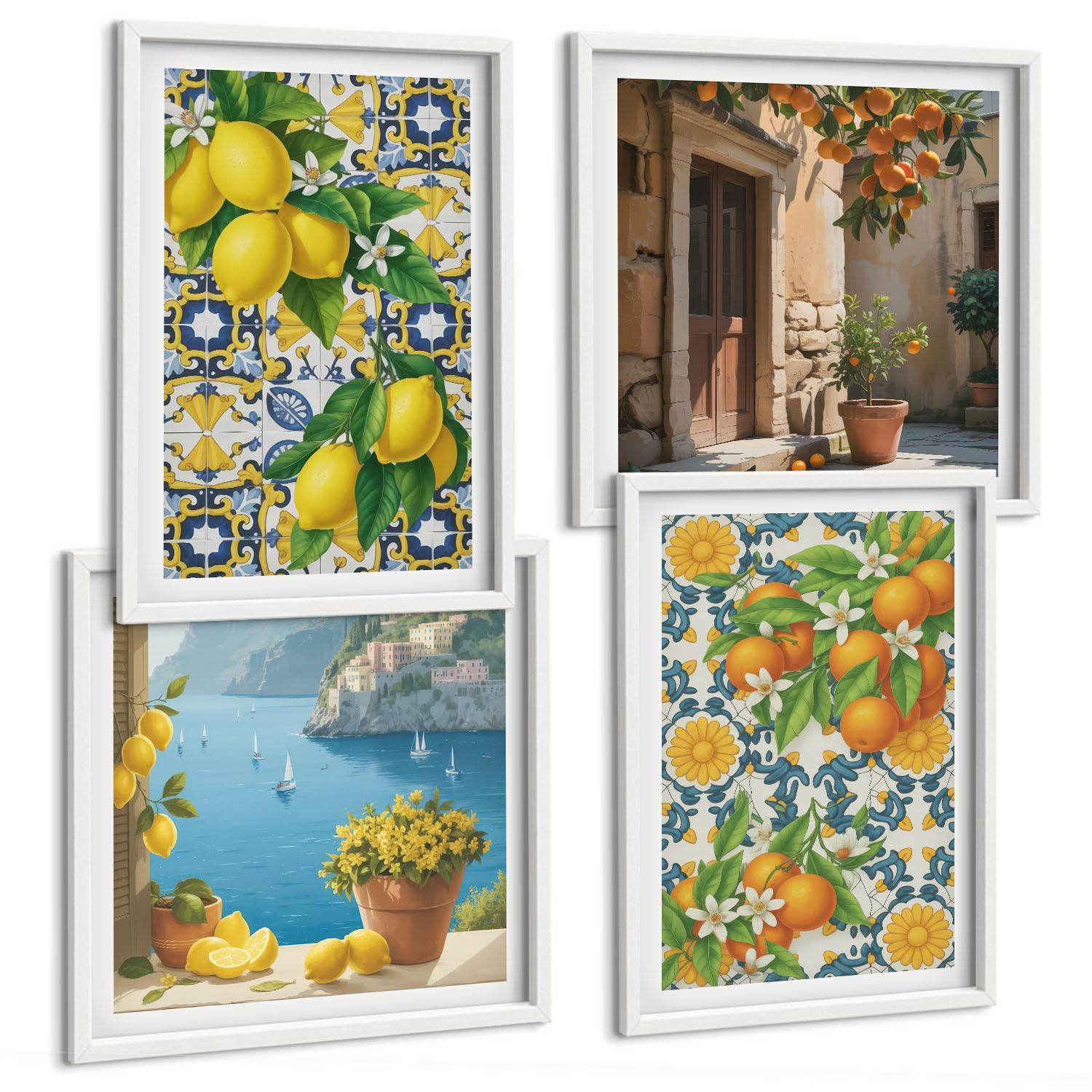 BILDER SET 4er Set - 50x50 cm & 40x60 cm Weißer Rahmen - Zitronen, Blumen, Orangen, Italien - Weiß, Kunststoff (50/50cm) - TULUP