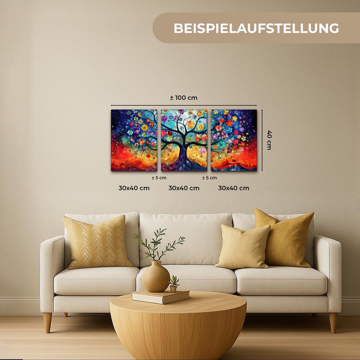 LEINWANDBILD 3er Set Bunt - Baum des Lebens - Blumen - Abstrakt 90x40 cm - Blau, Textil (90/40cm) - MuchoWow