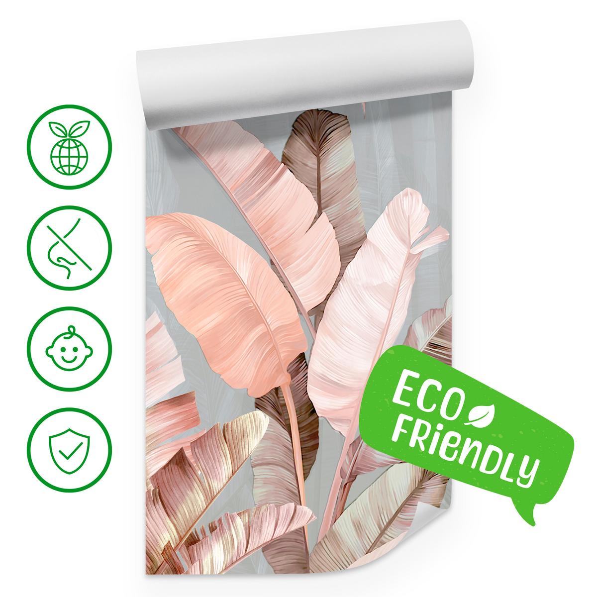 FOTOTAPETE für Esszimmer Tropische Pastell Bananenblätter 350x256 - Beige/Rosa, Papier (350/256cm) - Muralo