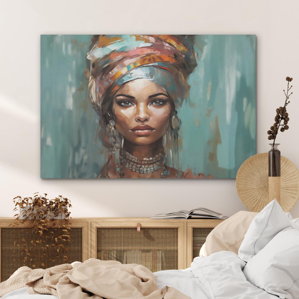 AKUSTIKBILD Frau - Kunst - Schmuck - Porträt Wandbild Wohnzimmer 100x70 cm - Blaugrau, Kunststoff (100/70/0.9cm) - MuchoWow