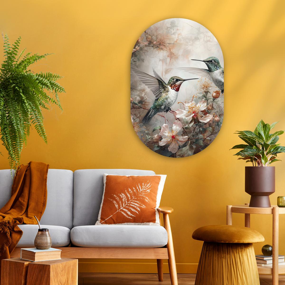 WANDBILD Kolibri - Vögel - Blumen - Pflanzen Wanddeko Schlafzimmer 60x90 cm - Hellgrün, Kunststoff (60/90cm) - MuchoWow