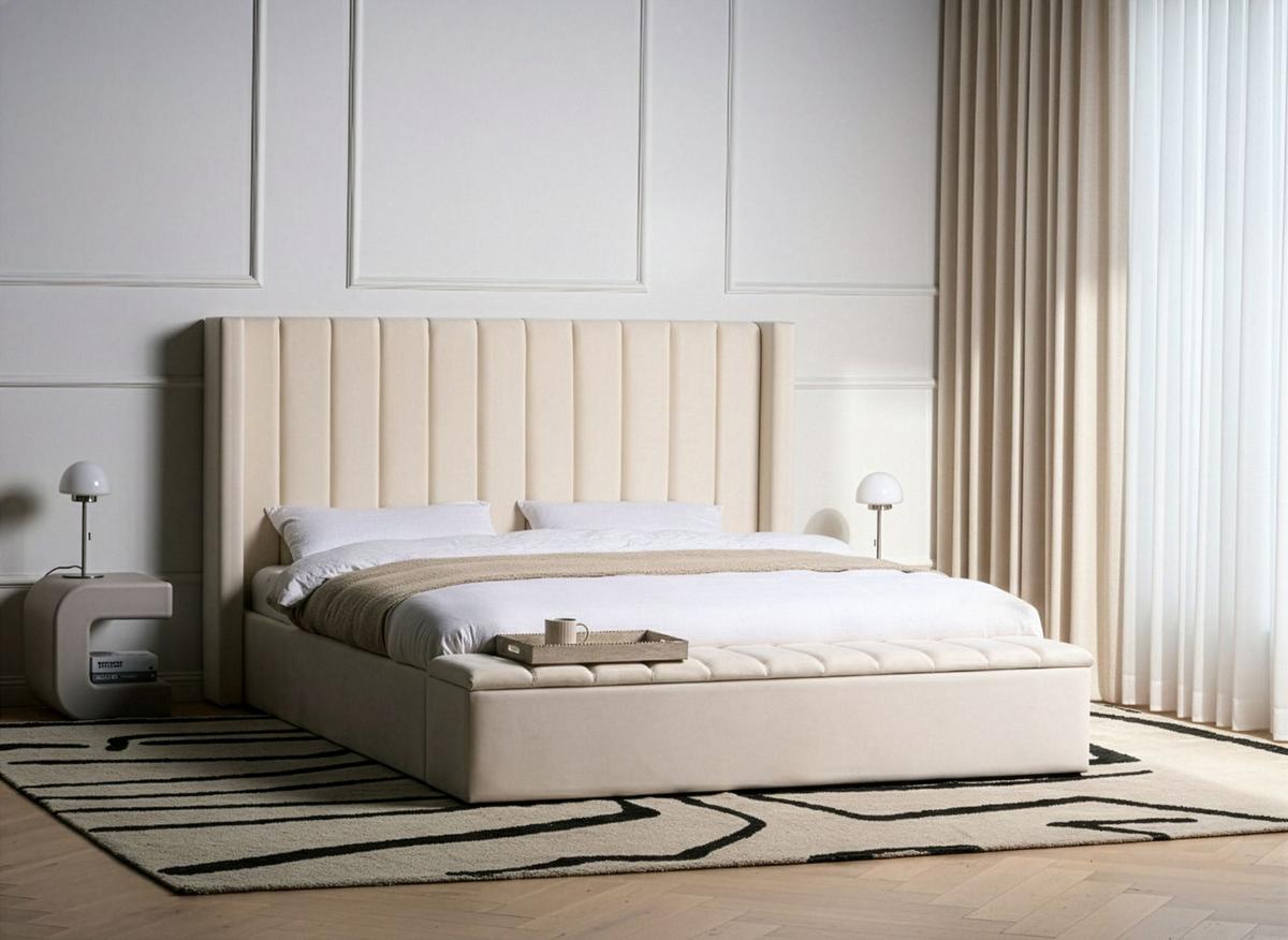 BETT mit Stauraumbank 180/200 cm Samtstoff Cremeweiß Noyers - Creme, Textil (180/200cm) - Beliani