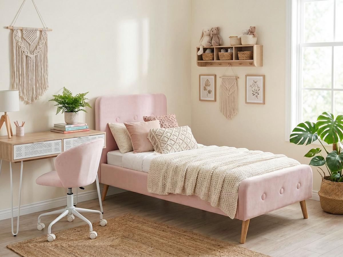 BETT mit Lattenrost 90/200 cm Samtstoff Pastellrosa Rennes - Pink, Textil (90/200cm) - Beliani