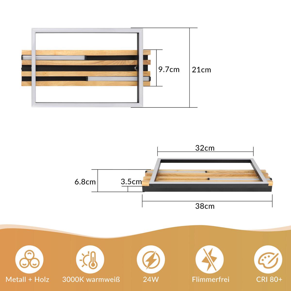 LED DECKENLEUCHTE Kaelis 38/21/6.8 cm - Schwarz, Holz/Metall (38/21/6.8cm) - ZMH