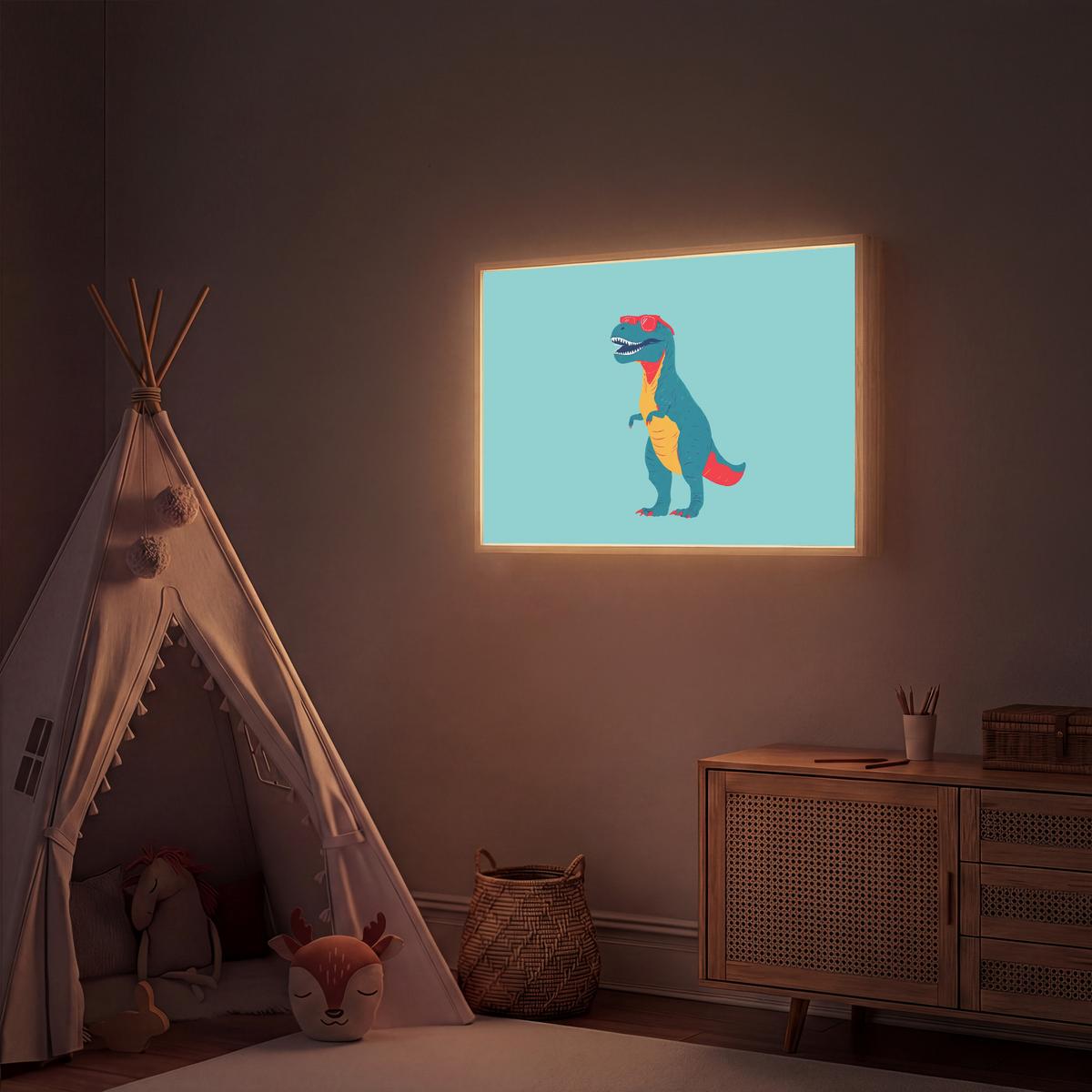 WANDLEUCHTE MIT AKKU Dinosaurier - Blau - Sonnenbrille 100x70 cm - Hellblau, Holzwerkstoff (100/70/8cm) - OnlyWow