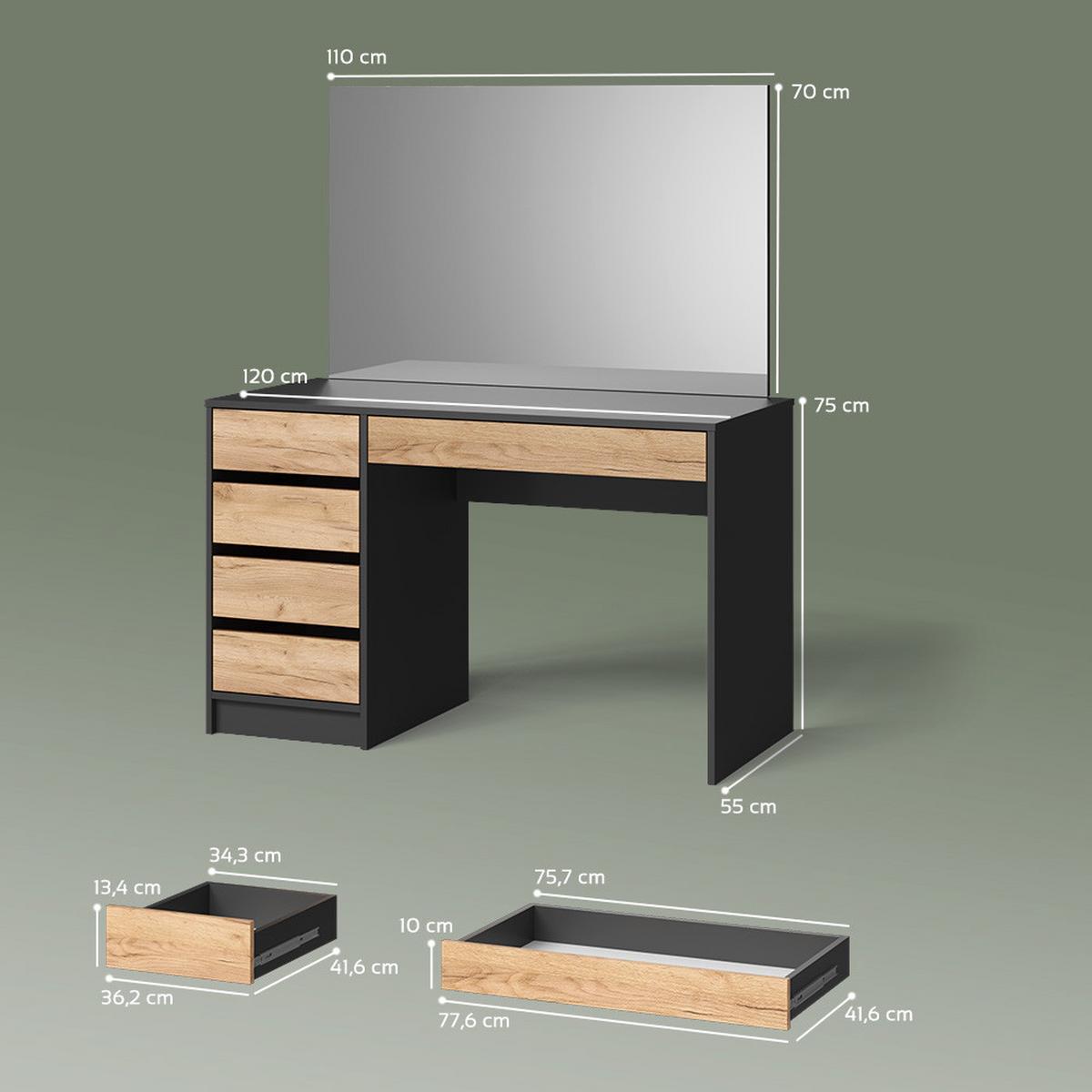 SCHMINKTISCH Imola Anthrazit/Goldkraft Eiche 120 cm - Honigeiche/Anthrazit, Holzwerkstoff (120/75/55cm) - Livinity®