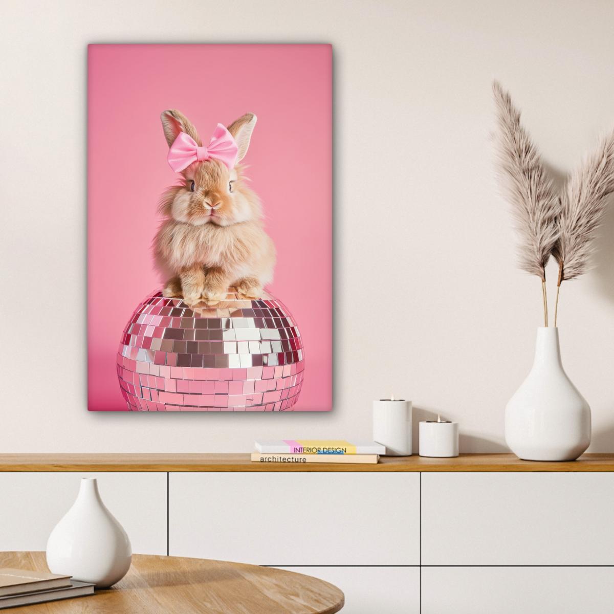 LEINWANDBILD Schleife - Discoball - Kaninchen Wanddeko 40x60 cm - Pink, Textil (40/60cm) - MuchoWow