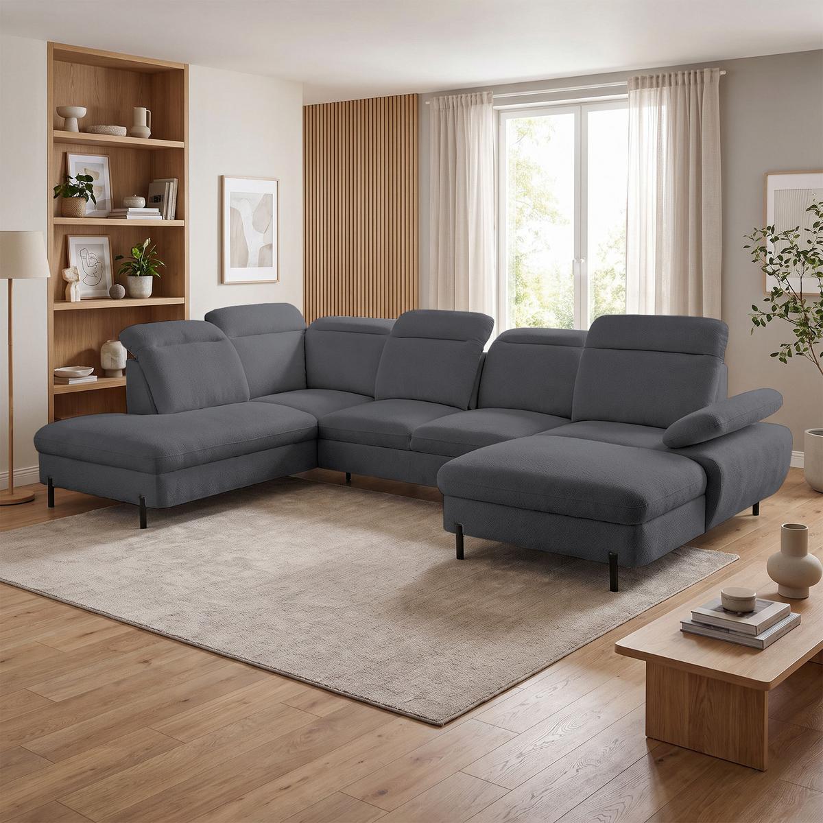 WOHNLANDSCHAFT Sora U mit Schlaffunktion und verstellbarer Sitztiefe, Kopfstützen und Armlehne, 365 cm, Anthrazit, Rechts - Anthrazit/Schwarz, Textil (365/107/235cm) - Beautysofa