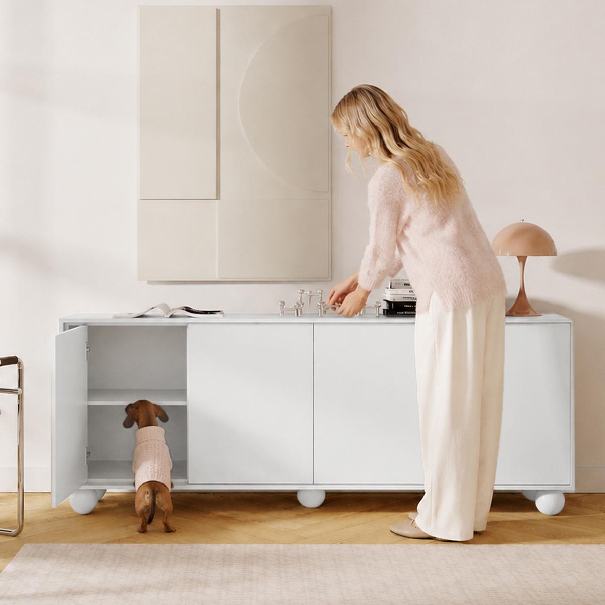KOMMODE Adel mit 4 Türen und runden Füßen, 204 cm, Griffloss, Weiß - Weiß, Holzwerkstoff (204/81/38cm) - Beautysofa