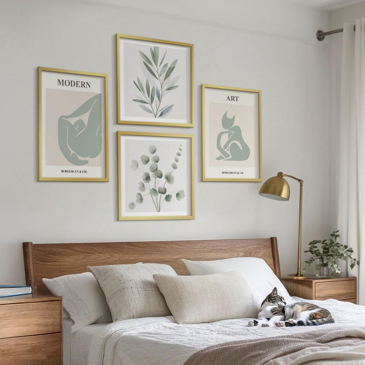 BILDER SET 4er Set - 50x50 cm & 40x60 cm Goldrahmen - Pflanzenmotive, zartes Grün - Goldfarben, Kunststoff (50/50cm) - TULUP