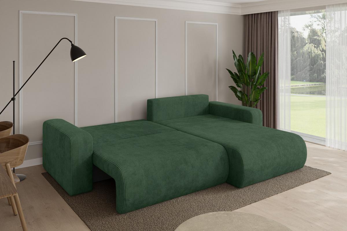 ECKSOFA mit Schlaffunktion Ottomane Rechts BERY-L 276x193x88 Grün Cord - Dunkelgrün/Schwarz, Holzwerkstoff/Kunststoff (276/193cm) - ALTDECOR