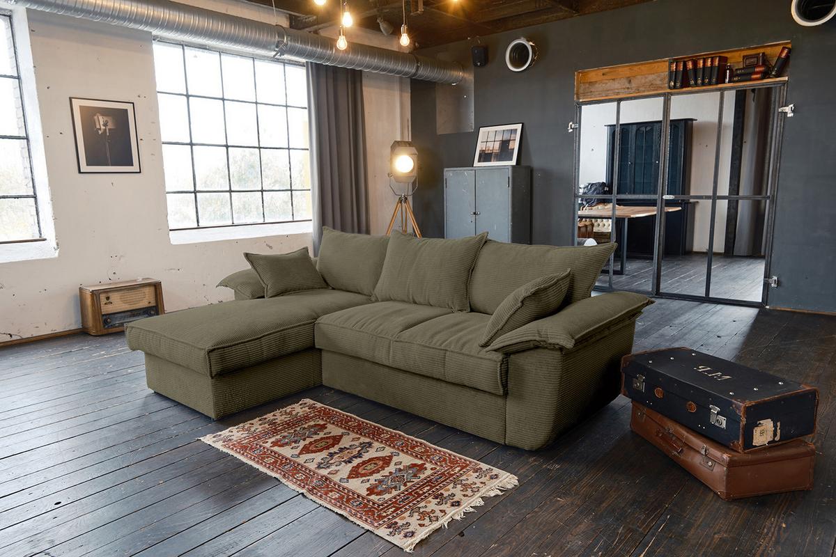 ECKSOFA DAMETO Grün Cord Mit Schlaffunktion - Schwarz/Olivgrün, Kunststoff/Textil (266/174cm) - KAWOLA