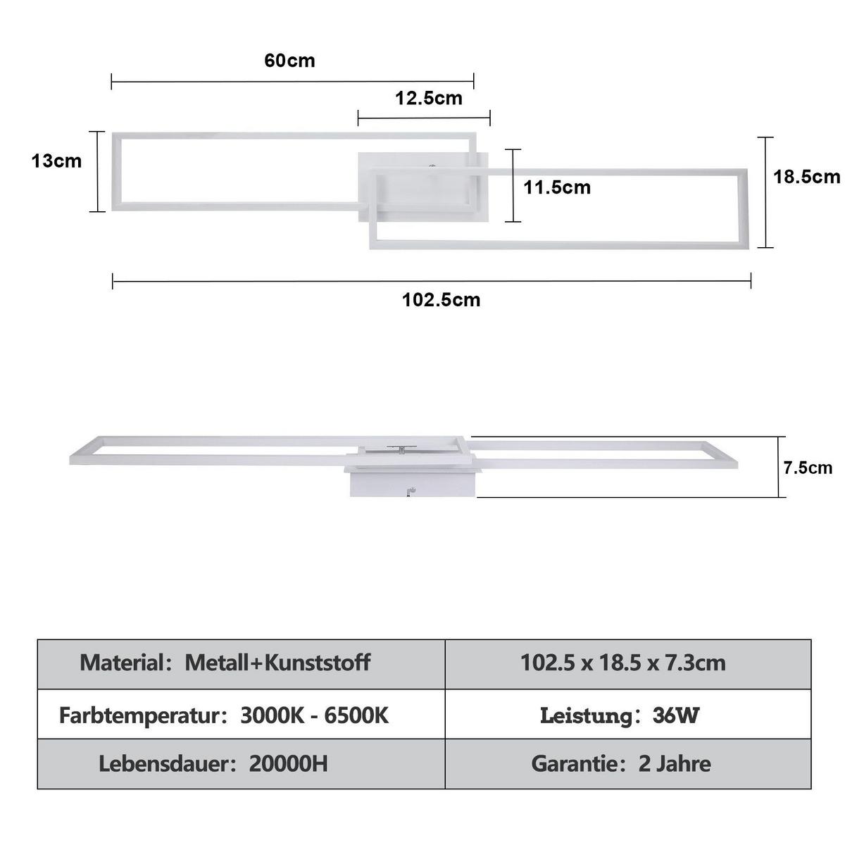 LED-DECKENLEUCHTE Lundquist 18.5/102.5/7.3cm - Weiß, Metall (102.5/18.5/7.3cm) - Nettlife