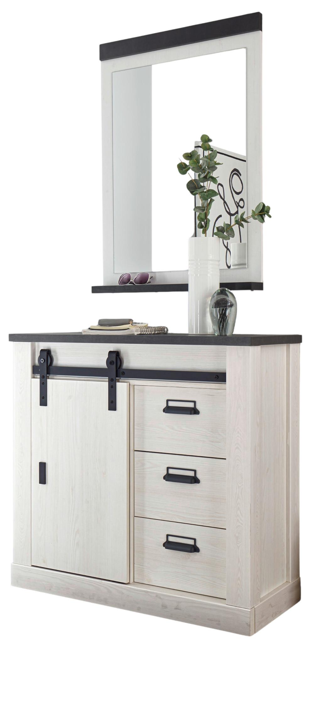 GARDEROBEN-SET 2-teilig weiß Pinie, anthrazit, Garderobenkombination mit Kommode, Spiegel - Anthrazit/Weiß, Holzwerkstoff (93/200/43cm) - Furn.Design