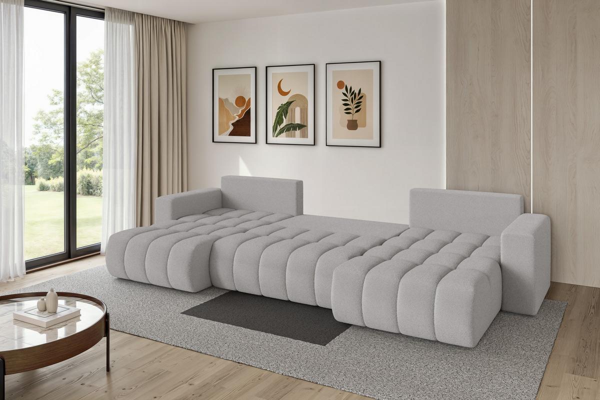 WOHNLANDSCHAFT mit Schlaffunktion und Bettkasten MILA-U-v1 378x194x86 Hellgrau Bouclé - Silberfarben/Hellgrau, Holzwerkstoff/Kunststoff (378/86/194cm) - ALTDECOR