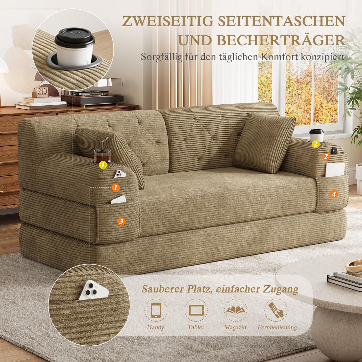 SCHLAFSOFA 2-Sitzer Cord mit Schlaffunktion, Getränkehalter & Taschen - Sandfarben, Textil (168/81/80cm) - Urban Meuble