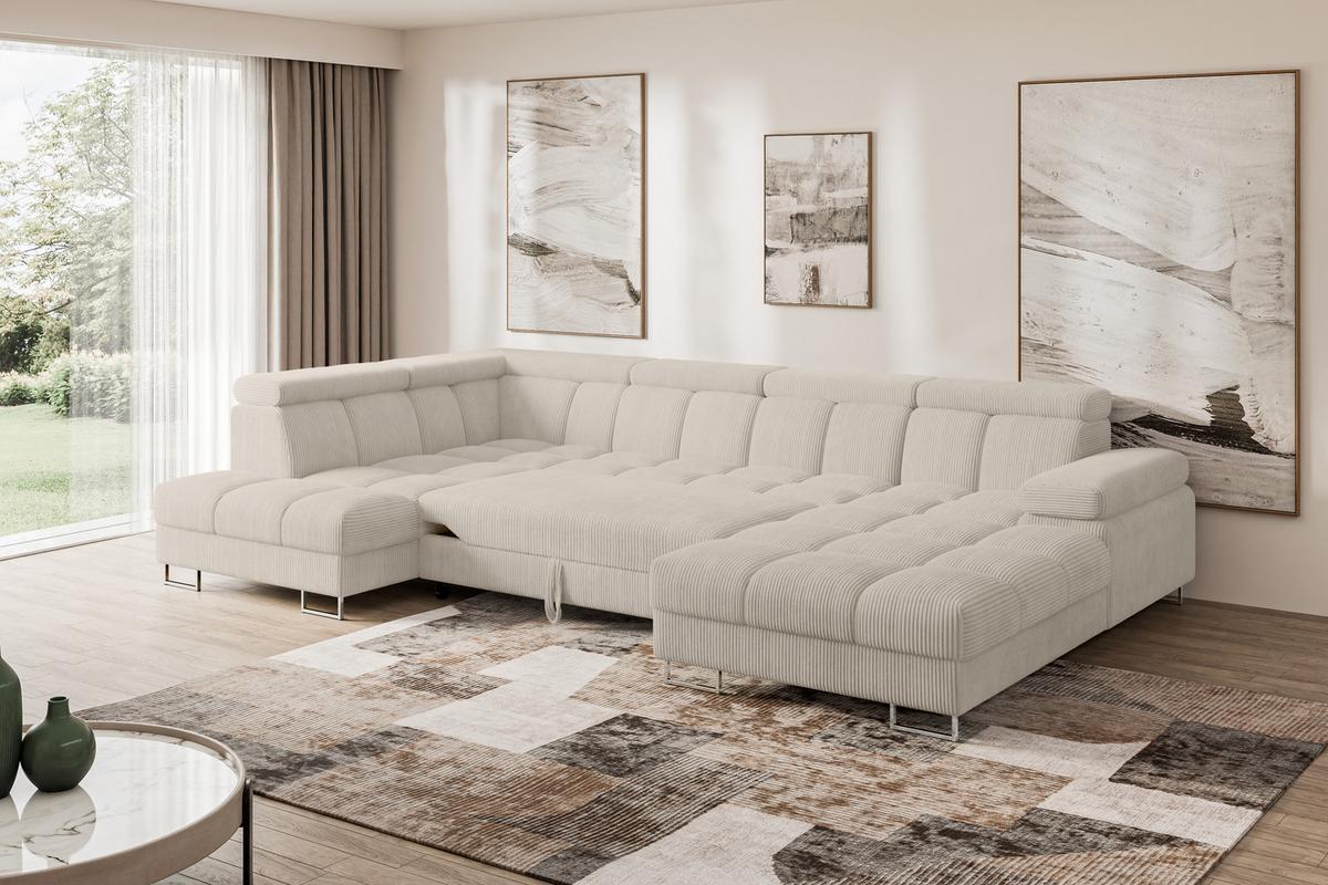 WOHNLANDSCHAFT mit Schlaffunktion und Bettkasten Ottomane Links COMA U 345x203x79 Beige Cord - Beige, Holzwerkstoff/Textil (345/79/203cm) - ALTDECOR