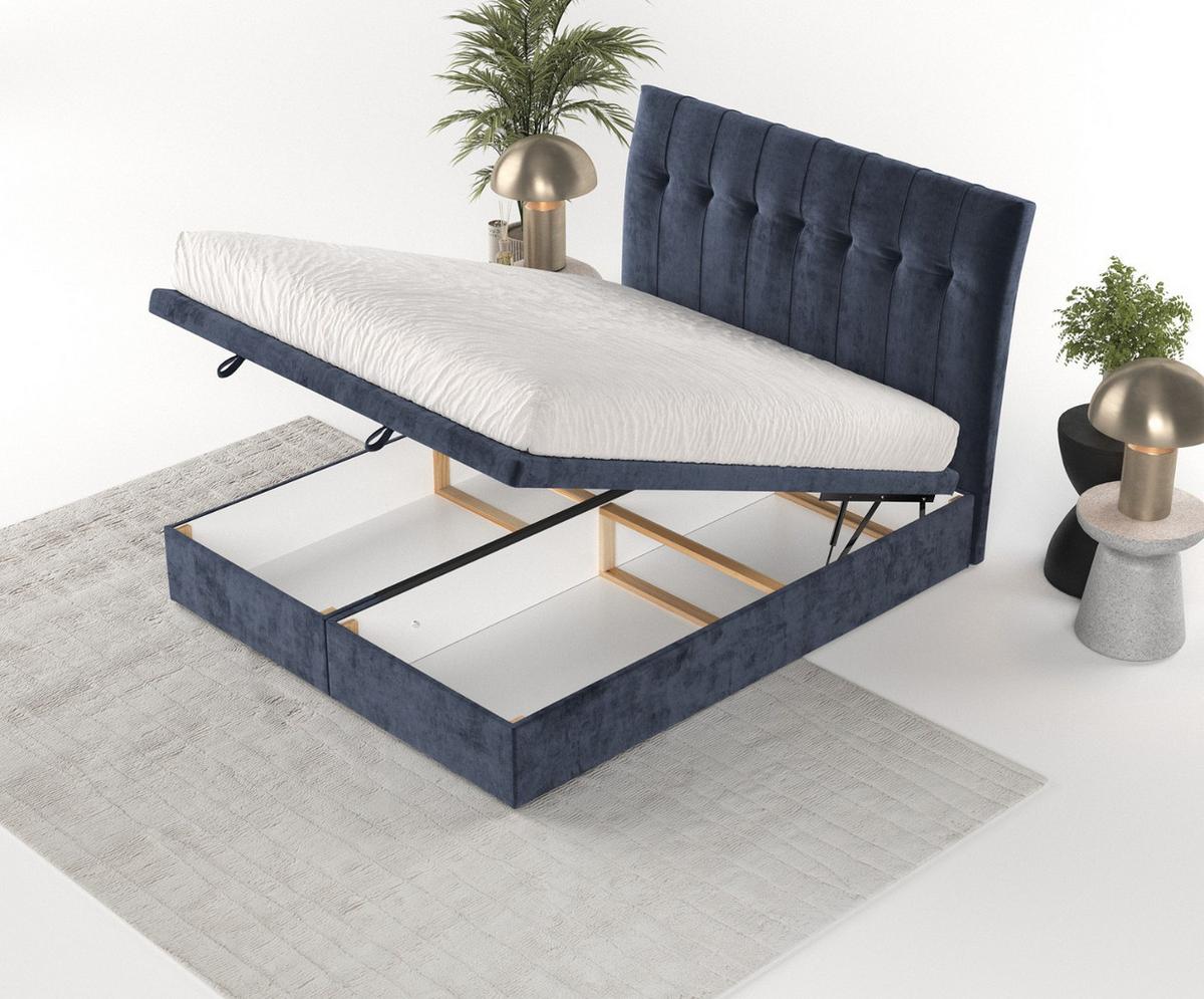 POLSTERBETT Kelsea mit Stauraum 120/200 cm Marineblau im Lotta Stoff - Schwarz/Dunkelblau, Holz/Holzwerkstoff (120/200cm) - AltaBeds