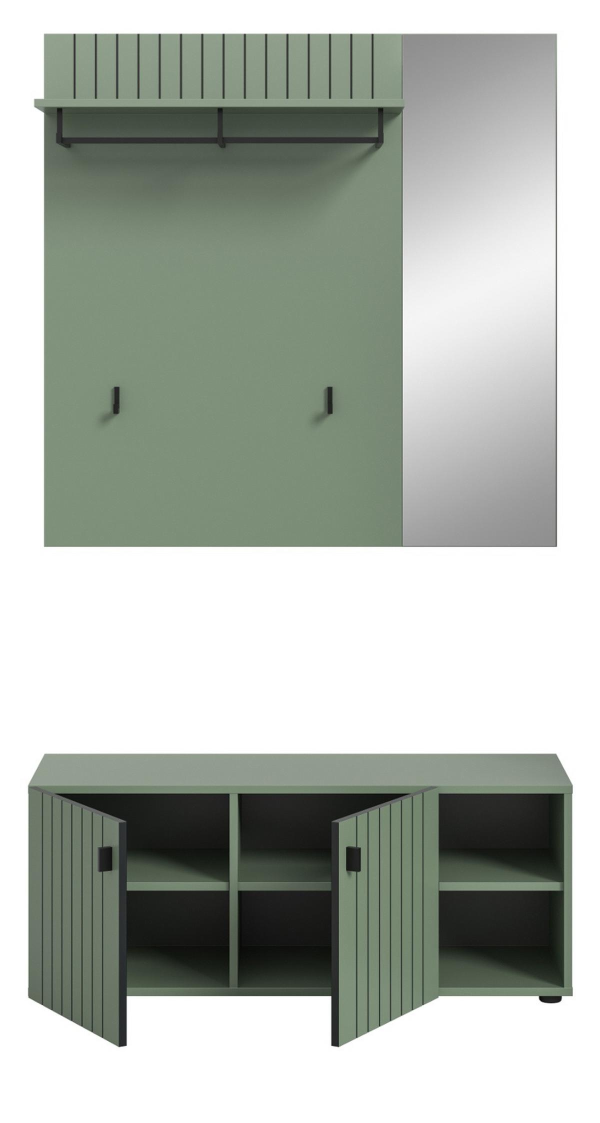 GARDEROBE-SET grün 2-teilig 106 cm, Garderobenkombination mit Rillen-Optik - Schwarz/Grün, Glas/Holzwerkstoff (106/192/37cm) - Inn.Furn