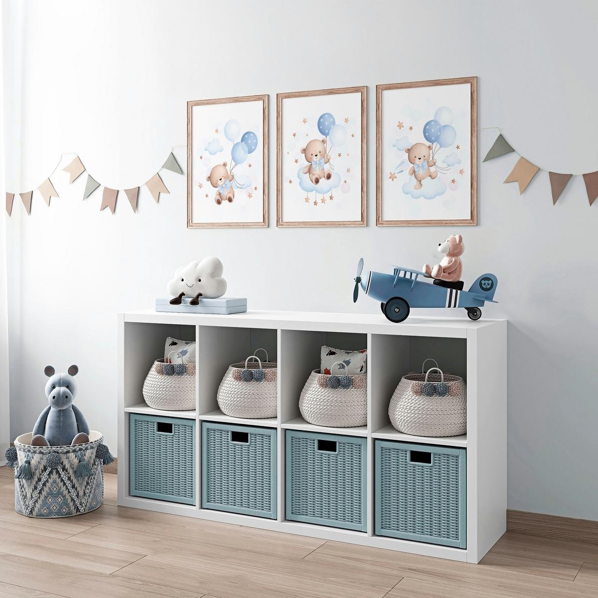 POSTER SET für Kinderzimmer Teddybären blauen Ballons Wolken Sterne 3x Poster A3 30x42cm - Gelb/Beige, Papier (30/42/1cm) - Muralo