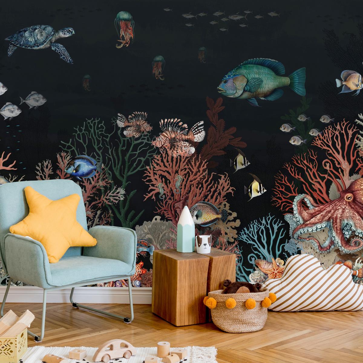 FOTOTAPETE für Badezimmer Bunter Unterwasser Pflanzen Riff Fische 500x350 - Rot/Schwarz, Papier (500/350cm) - Muralo