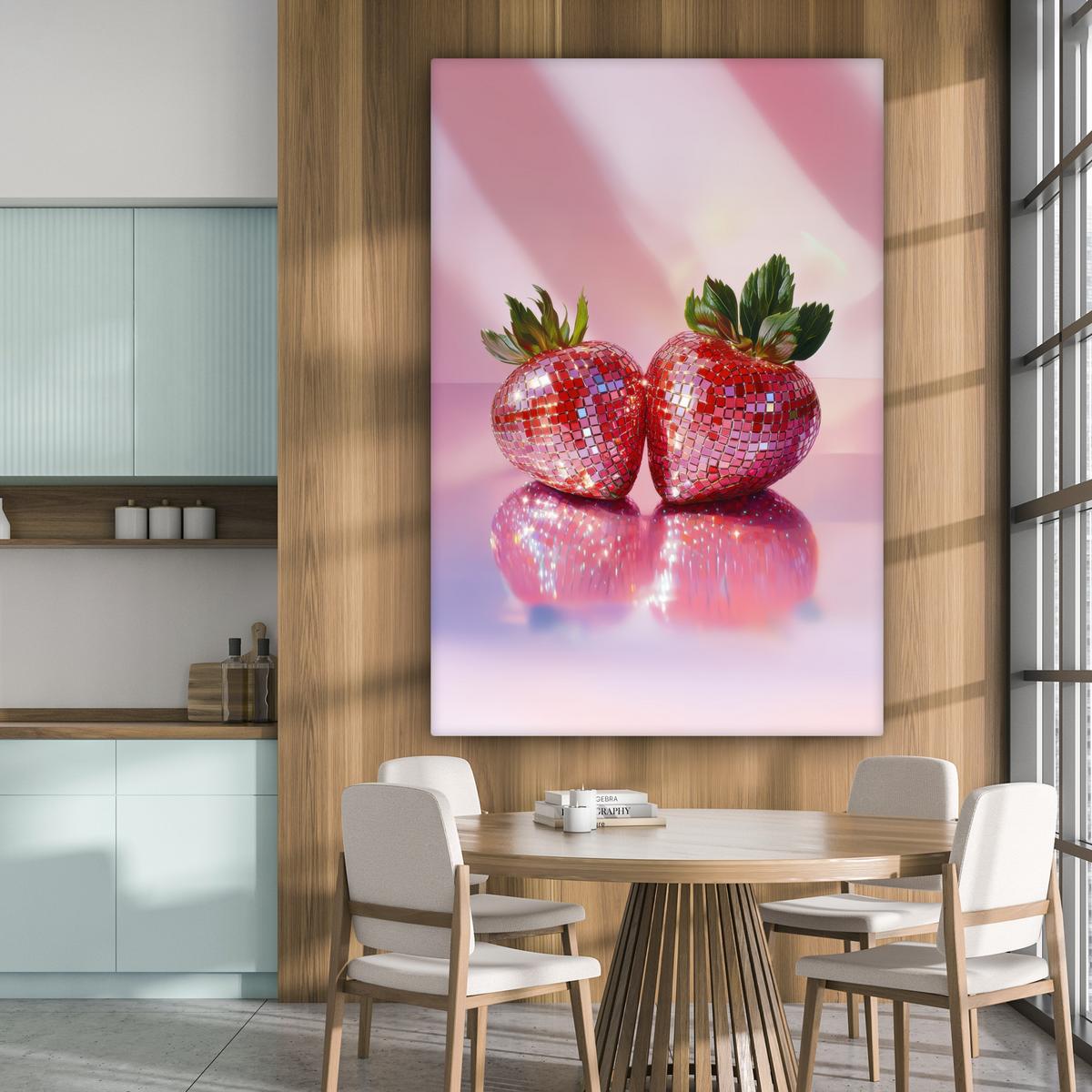 LEINWANDBILD Disco - Obst - Glitzer - Erdbeere Deko Groß 90x140 cm - Pink, Textil (90/140cm) - MuchoWow