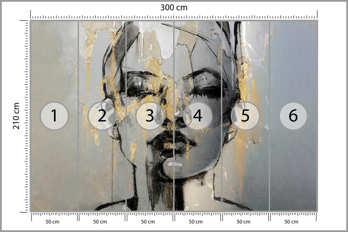 FOTOTAPETE für Wohnzimmer Frau Abstraktes Porträt Beton Modern Gold 300x210 - Gelb/Goldfarben, Papier (300/210cm) - Muralo