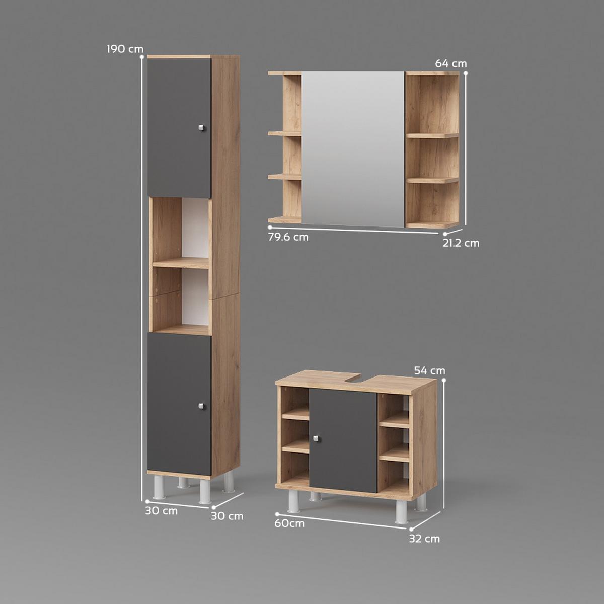 BADMÖBEL-SET Fucino Eiche 3 Teile, mit Hochschrank - Eichefarben, Holzwerkstoff (79/64/21cm) - Livinity®